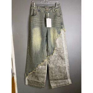 Aelfric Eden Leather Spilt Asymmetrical Gold Baggy Distressed Jeans 30 NWT